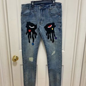 ROKU STUDIO TEAR DRIP BLUE DENIM PANTS 32X32